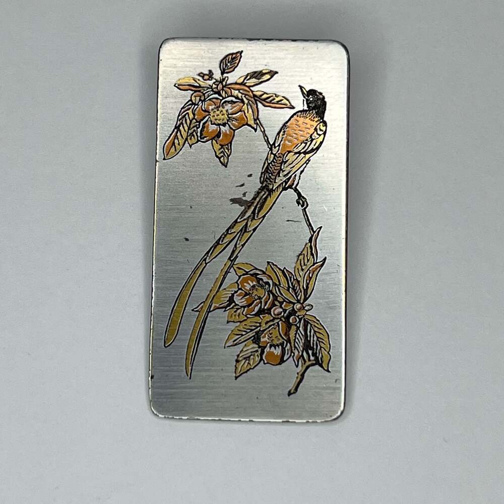 Reed & Barton Damascene Asian Tailfeather Bird Flower Silver Tone Pendant Brooch